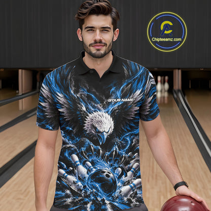 Custom Ocean Blue Flame Eagle Bowling Men Polo Shirt, Matching Bowling Team League Shirt IPHW12427