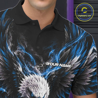 Custom Ocean Blue Flame Eagle Bowling Men Polo Shirt, Matching Bowling Team League Shirt IPHW12427
