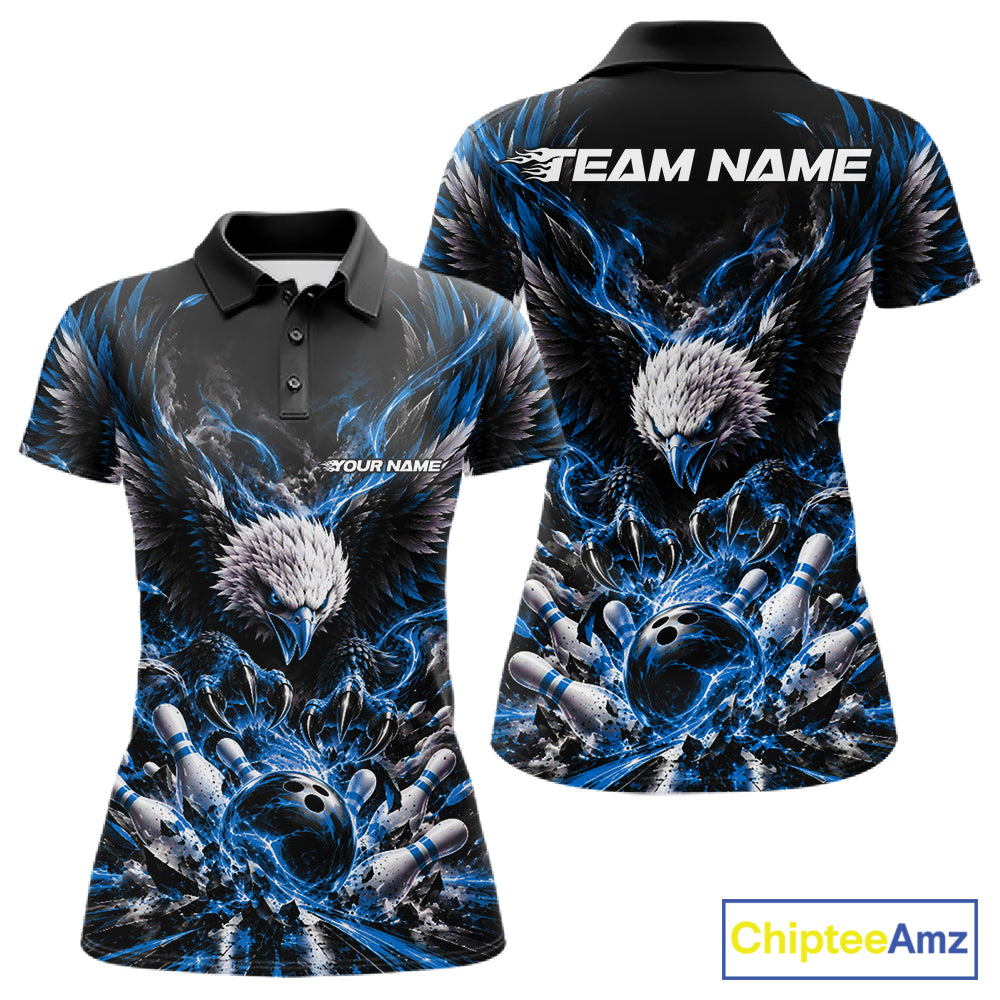 Custom Ocean Blue Flame Eagle Bowling Women Polo Shirt, Matching Bowling Team League Shirt IPHW12427