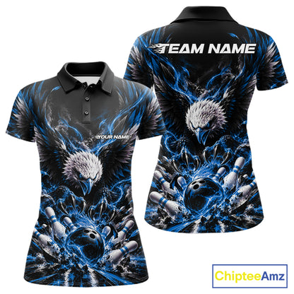 Custom Ocean Blue Flame Eagle Bowling Women Polo Shirt, Matching Bowling Team League Shirt IPHW12427