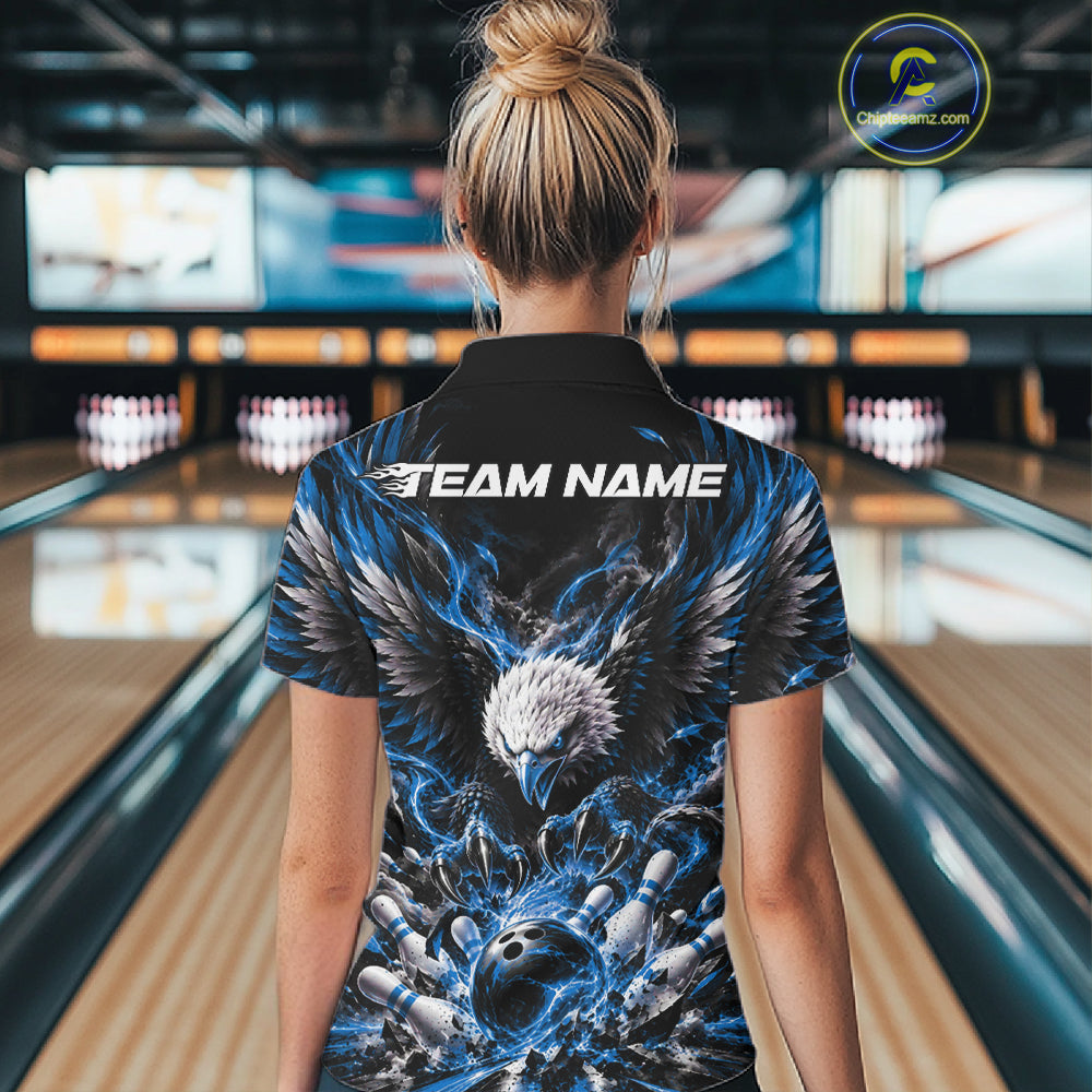 Custom Ocean Blue Flame Eagle Bowling Women Polo Shirt, Matching Bowling Team League Shirt IPHW12427