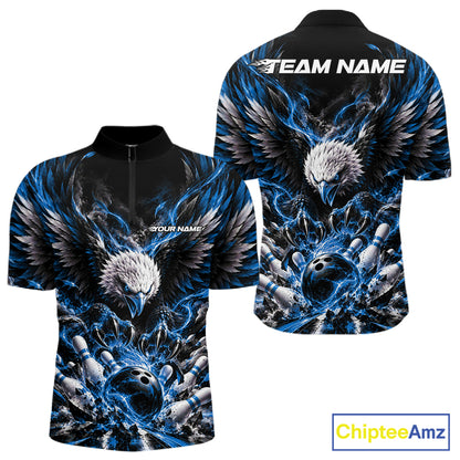 Custom Ocean Blue Flame Eagle Bowling Men Quarter Zip Shirt, Matching Bowling Team League Shirt IPHW12427