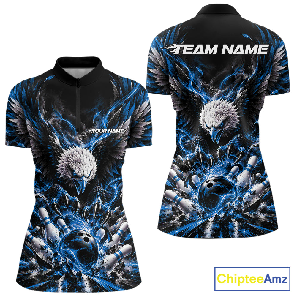Custom Ocean Blue Flame Eagle Bowling Women Quarter-Zip Shirt, Bowling Team League Shirt IPHW12427