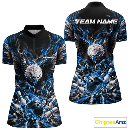 Custom Ocean Blue Flame Eagle Bowling Women Quarter-Zip Shirt, Bowling Team League Shirt IPHW12427