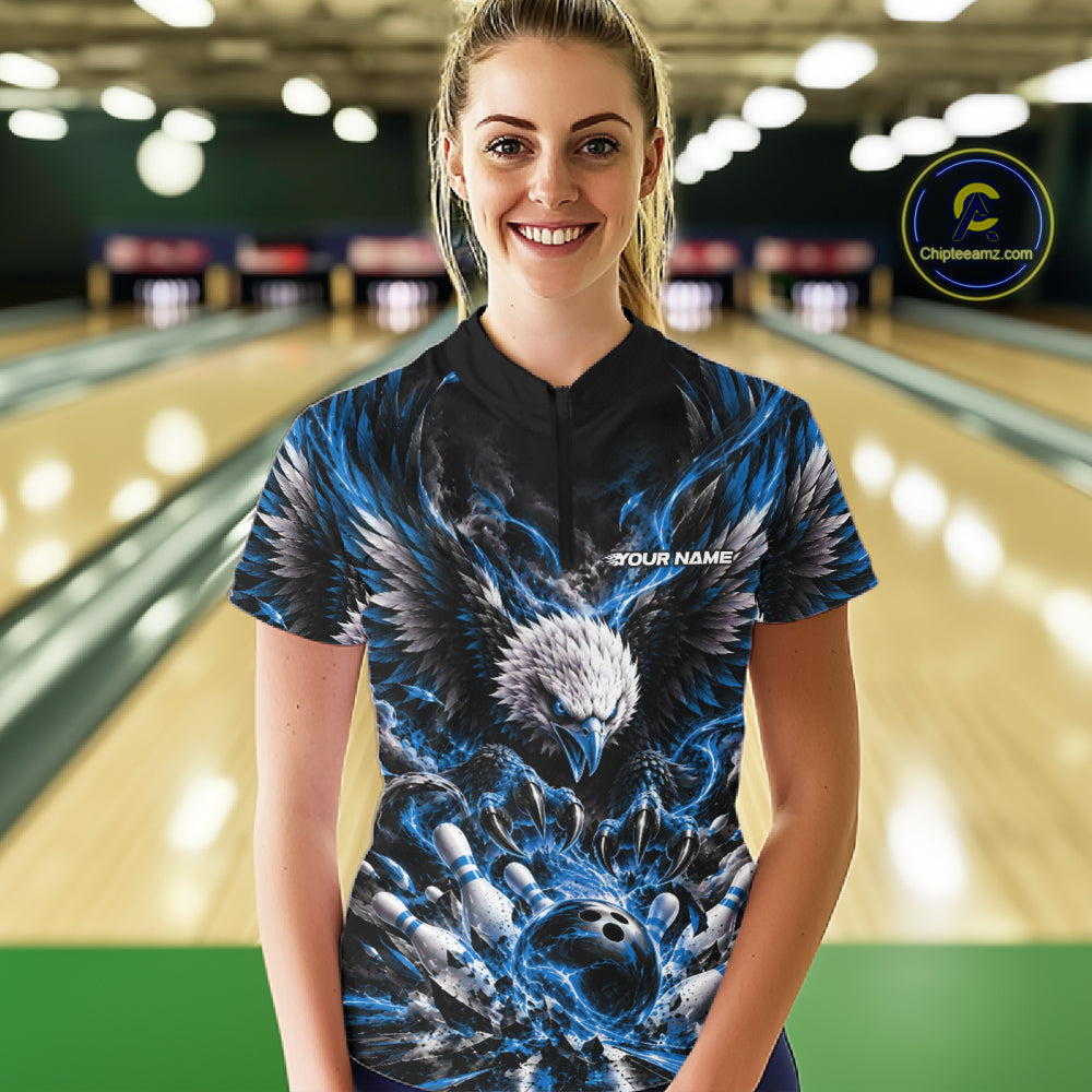 Custom Ocean Blue Flame Eagle Bowling Women Quarter-Zip Shirt, Bowling Team League Shirt IPHW12427