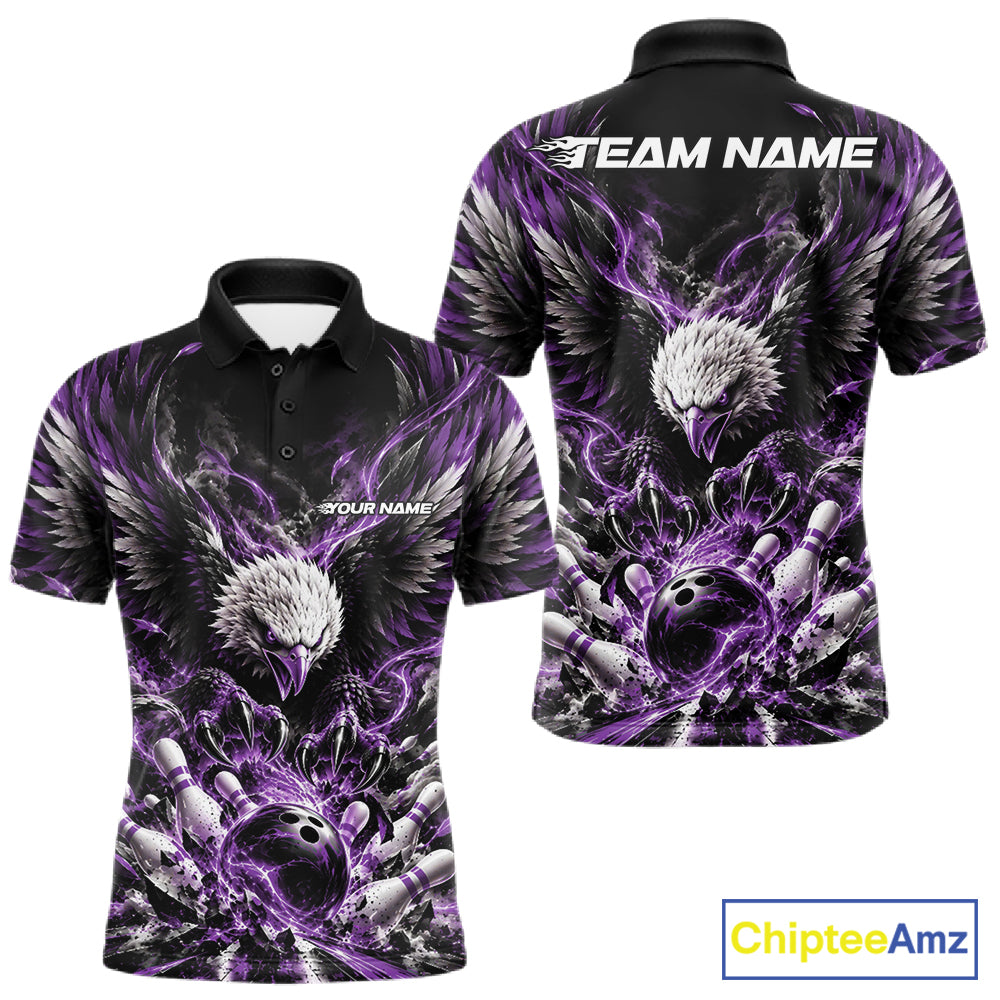 Custom Purple Flame Eagle Bowling Men Polo Shirt, Matching Bowling Team League Shirt IPHW12428