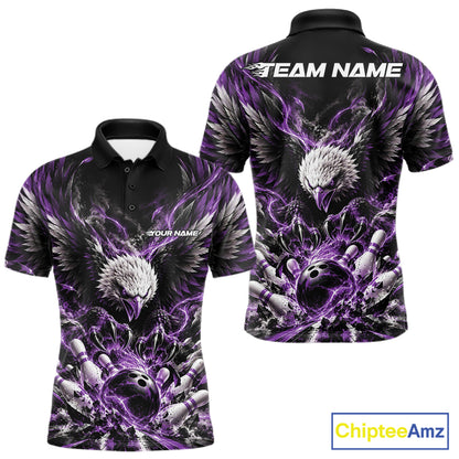 Custom Purple Flame Eagle Bowling Men Polo Shirt, Matching Bowling Team League Shirt IPHW12428