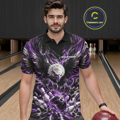 Custom Purple Flame Eagle Bowling Men Polo Shirt, Matching Bowling Team League Shirt IPHW12428