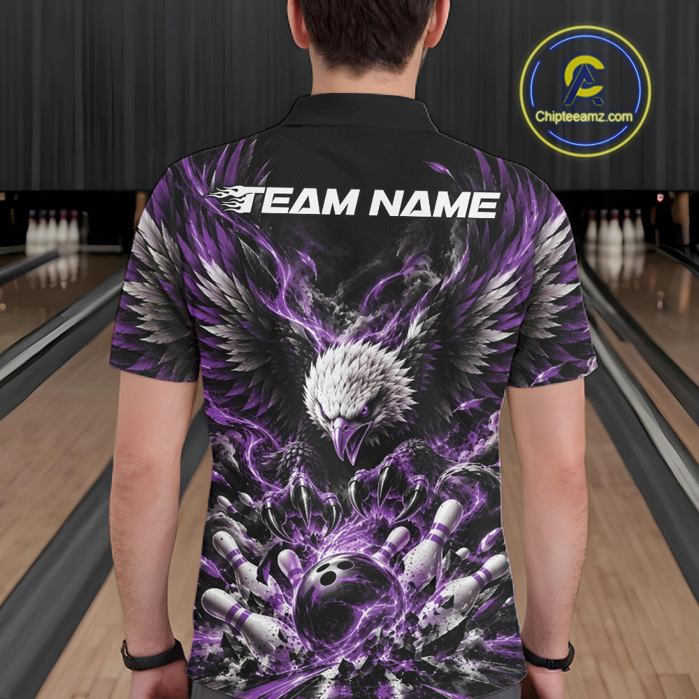 Custom Purple Flame Eagle Bowling Men Polo Shirt, Matching Bowling Team League Shirt IPHW12428