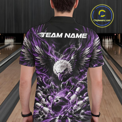 Custom Purple Flame Eagle Bowling Men Polo Shirt, Matching Bowling Team League Shirt IPHW12428