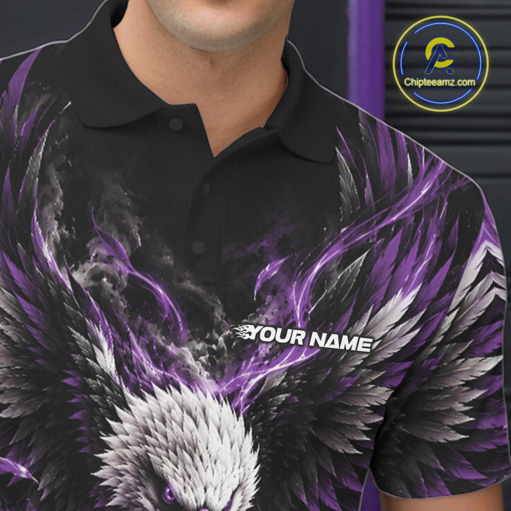 Custom Purple Flame Eagle Bowling Men Polo Shirt, Matching Bowling Team League Shirt IPHW12428