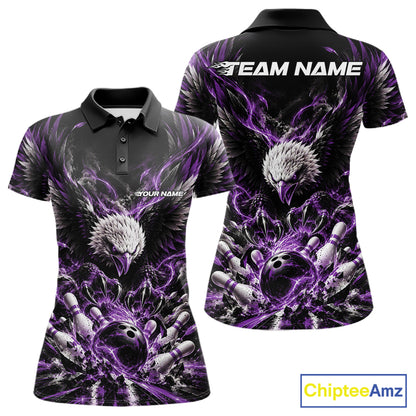 Custom Purple Flame Eagle Bowling Women Polo Shirt, Matching Bowling Team League Shirt IPHW12428