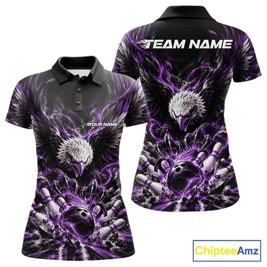 Custom Purple Flame Eagle Bowling Women Polo Shirt, Matching Bowling Team League Shirt IPHW12428