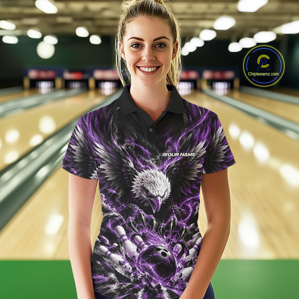 Custom Purple Flame Eagle Bowling Women Polo Shirt, Matching Bowling Team League Shirt IPHW12428