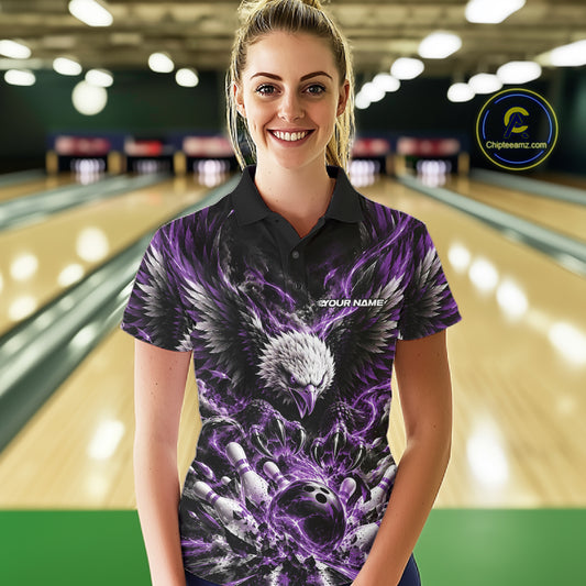 Custom Purple Flame Eagle Bowling Women Polo Shirt, Matching Bowling Team League Shirt IPHW12428