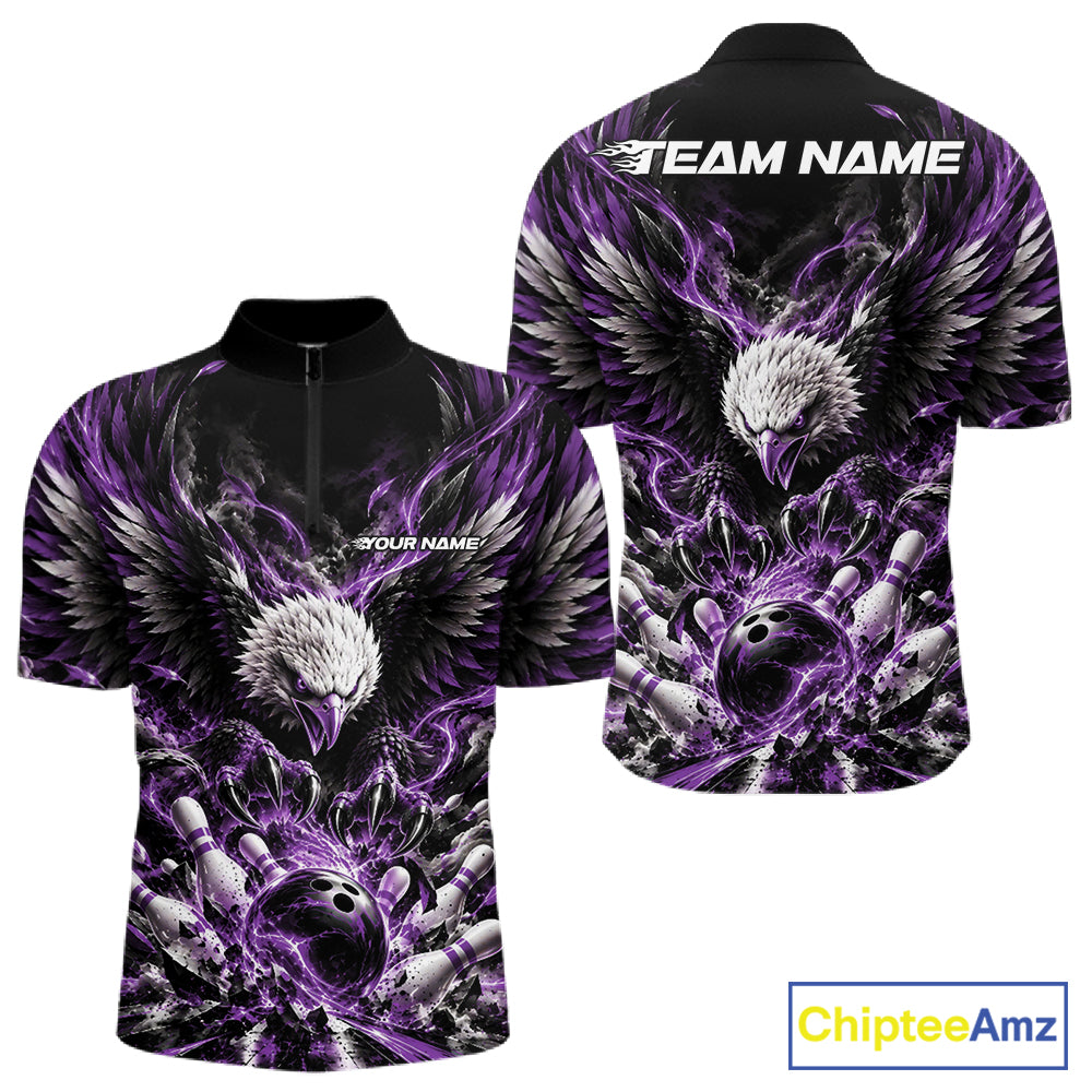 Custom Purple Flame Eagle Bowling Men Quarter Zip Shirt, Matching Bowling Team League Shirt IPHW12428