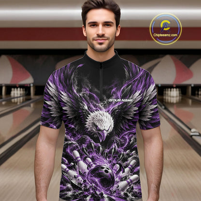 Custom Purple Flame Eagle Bowling Men Quarter Zip Shirt, Matching Bowling Team League Shirt IPHW12428