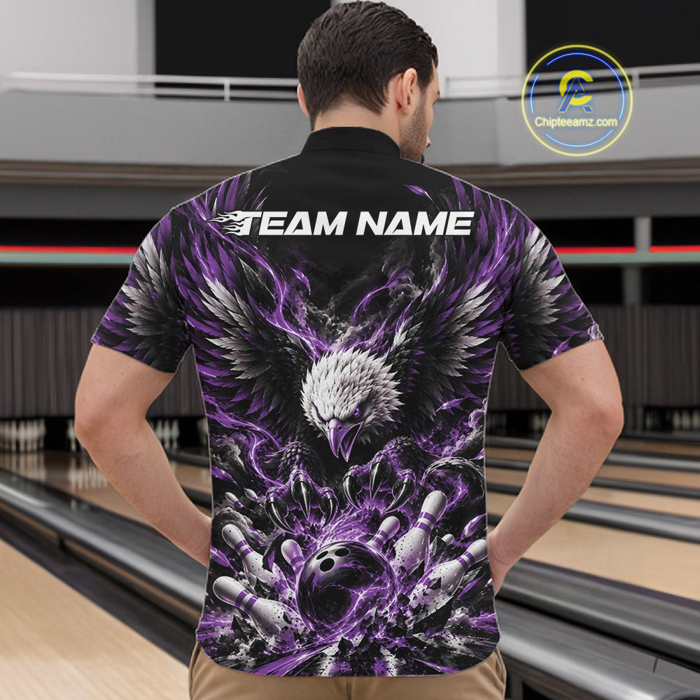 Custom Purple Flame Eagle Bowling Men Quarter Zip Shirt, Matching Bowling Team League Shirt IPHW12428