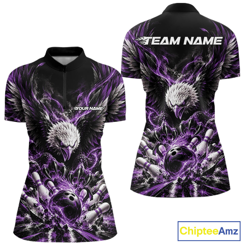 Custom Purple Flame Eagle Bowling Women Quarter-Zip Shirt, Bowling Team League Shirt IPHW12428