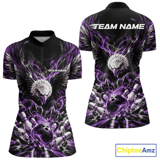 Custom Purple Flame Eagle Bowling Women Quarter-Zip Shirt, Bowling Team League Shirt IPHW12428