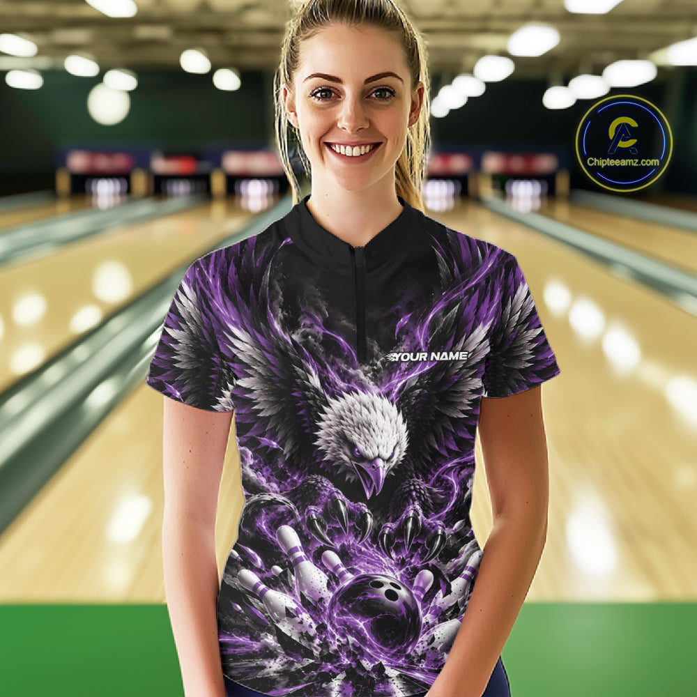 Custom Purple Flame Eagle Bowling Women Quarter-Zip Shirt, Bowling Team League Shirt IPHW12428