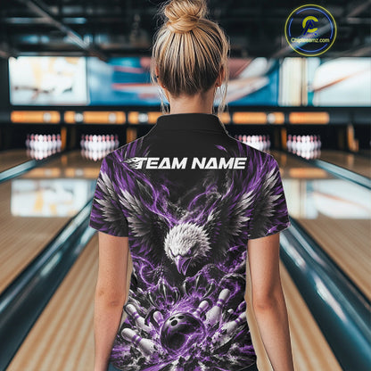 Custom Purple Flame Eagle Bowling Women Quarter-Zip Shirt, Bowling Team League Shirt IPHW12428