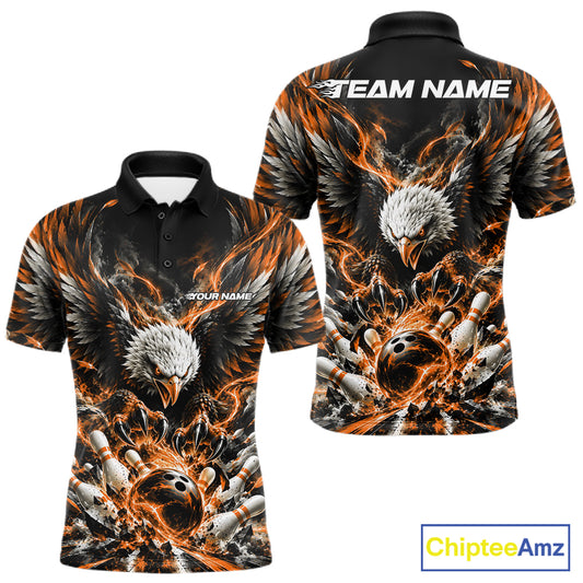Custom Orange Flame Eagle Bowling Men Polo Shirt, Matching Bowling Team League Shirt IPHW12429