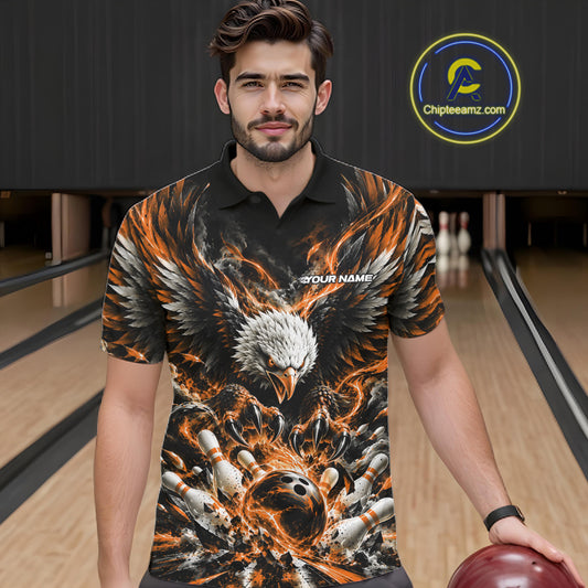 Custom Orange Flame Eagle Bowling Men Polo Shirt, Matching Bowling Team League Shirt IPHW12429