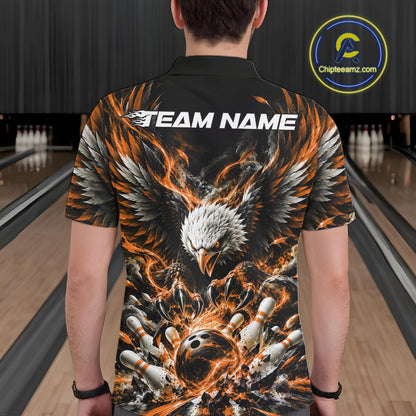 Custom Orange Flame Eagle Bowling Men Polo Shirt, Matching Bowling Team League Shirt IPHW12429