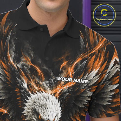 Custom Orange Flame Eagle Bowling Men Polo Shirt, Matching Bowling Team League Shirt IPHW12429