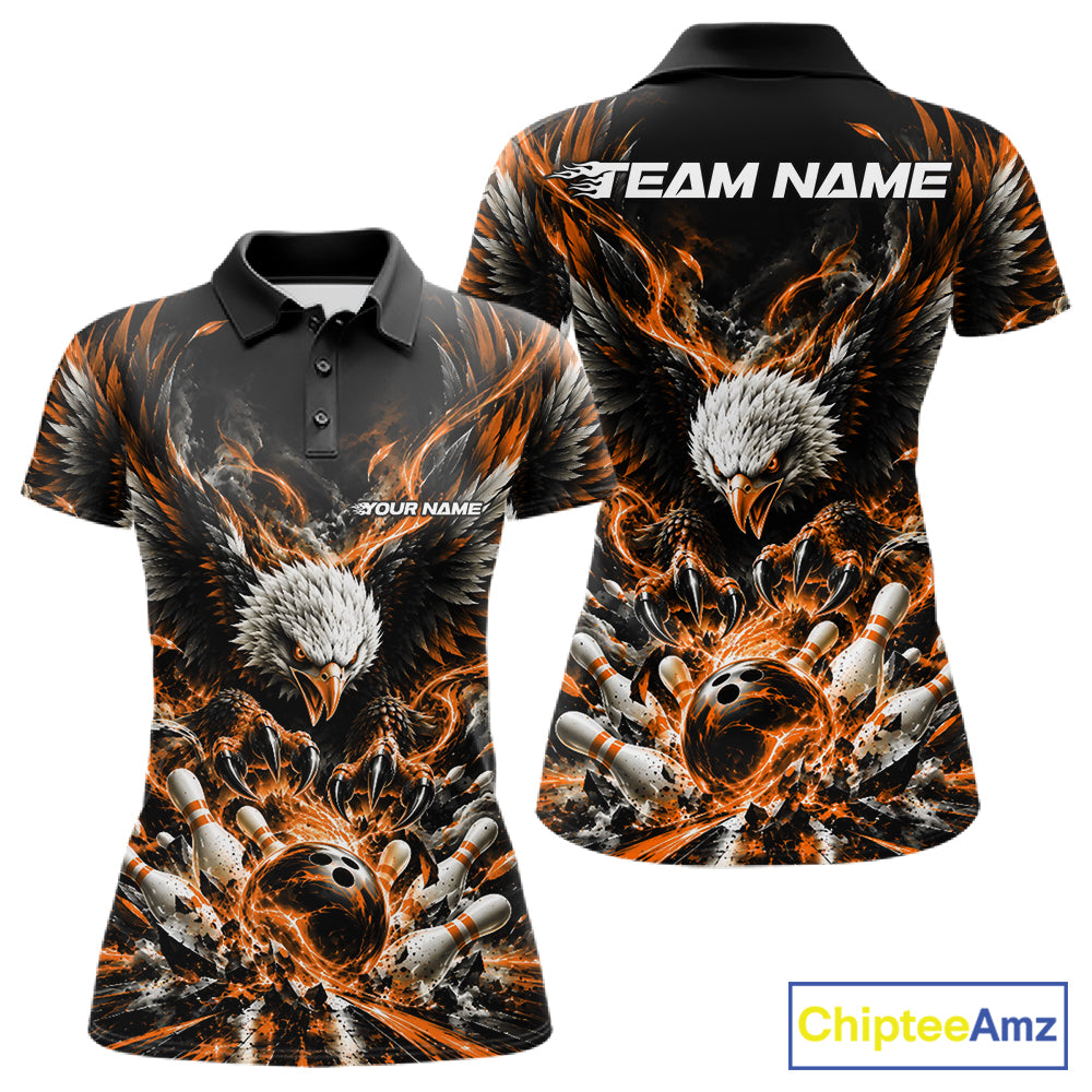 Custom Orange Flame Eagle Bowling Women Polo Shirt, Matching Bowling Team League Shirt IPHW12429