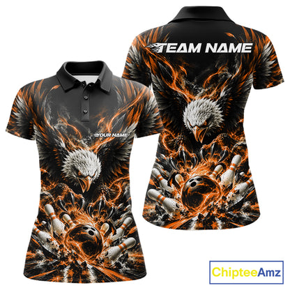 Custom Orange Flame Eagle Bowling Women Polo Shirt, Matching Bowling Team League Shirt IPHW12429