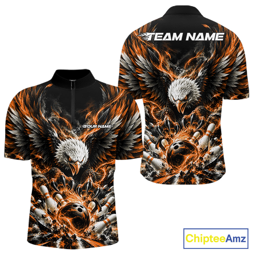 Custom Orange Flame Eagle Bowling Men Quarter Zip Shirt, Matching Bowling Team League Shirt IPHW12429