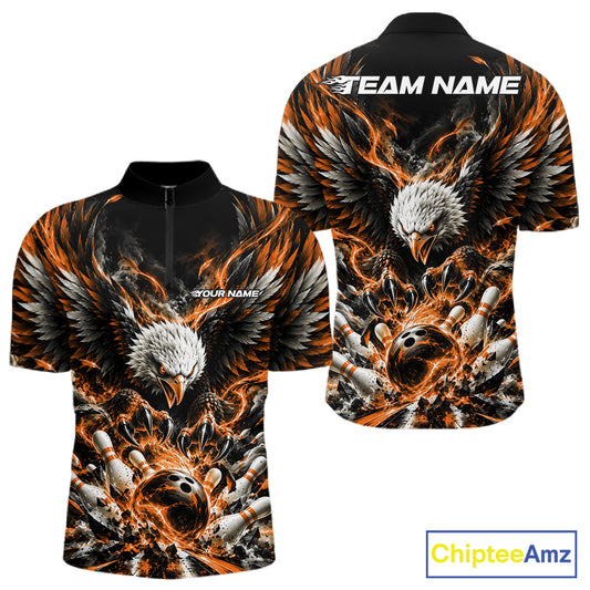 Custom Orange Flame Eagle Bowling Men Quarter Zip Shirt, Matching Bowling Team League Shirt IPHW12429