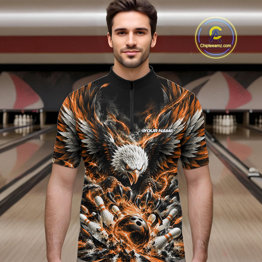 Custom Orange Flame Eagle Bowling Men Quarter Zip Shirt, Matching Bowling Team League Shirt IPHW12429