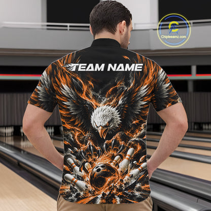 Custom Orange Flame Eagle Bowling Men Quarter Zip Shirt, Matching Bowling Team League Shirt IPHW12429