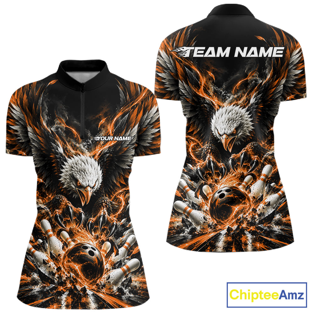 Custom Orange Flame Eagle Bowling Women Quarter-Zip Shirt, Bowling Team League Shirt IPHW12429