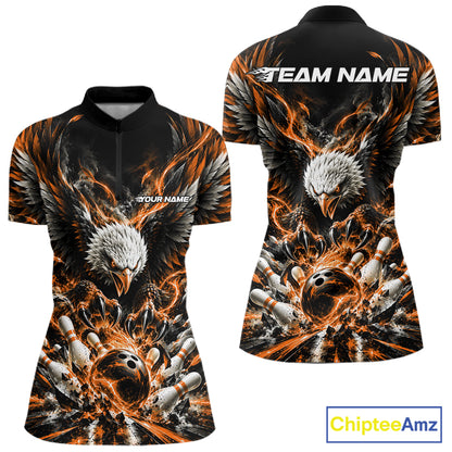 Custom Orange Flame Eagle Bowling Women Quarter-Zip Shirt, Bowling Team League Shirt IPHW12429