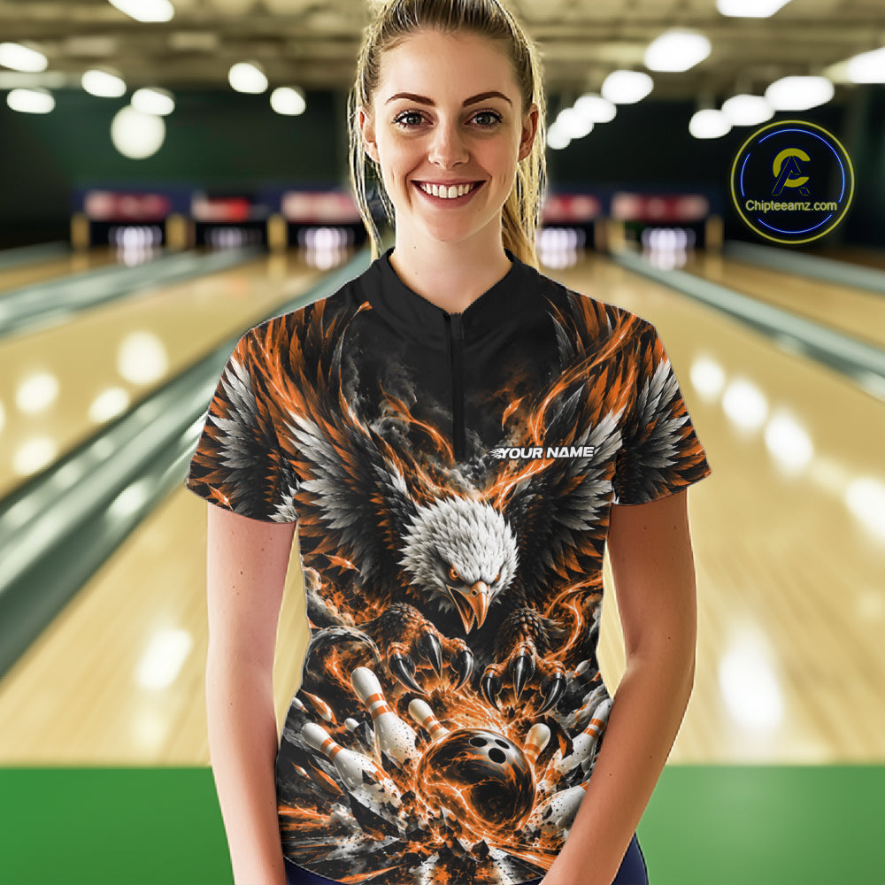 Custom Orange Flame Eagle Bowling Women Quarter-Zip Shirt, Bowling Team League Shirt IPHW12429