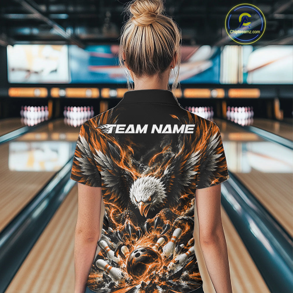 Custom Orange Flame Eagle Bowling Women Quarter-Zip Shirt, Bowling Team League Shirt IPHW12429
