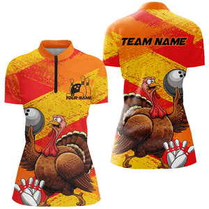 Orange And Yellow Custom Funny Turkey Ladies Bowling Shirts, Thanksgiving Bowling Outfits IPHW7882