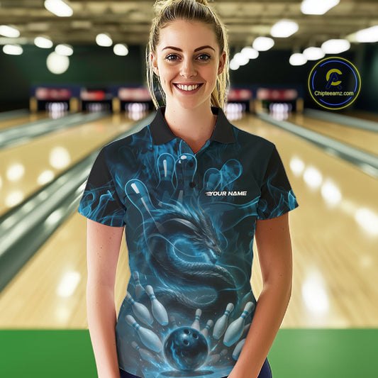 Custom Blue Flame Dragon Bowling Women Polo Shirts, Dragon Bowling League Shirt IPHW10224