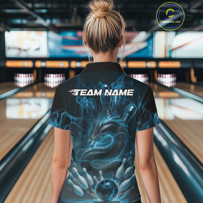 Custom Blue Flame Dragon Bowling Women Polo Shirts, Dragon Bowling League Shirt IPHW10224