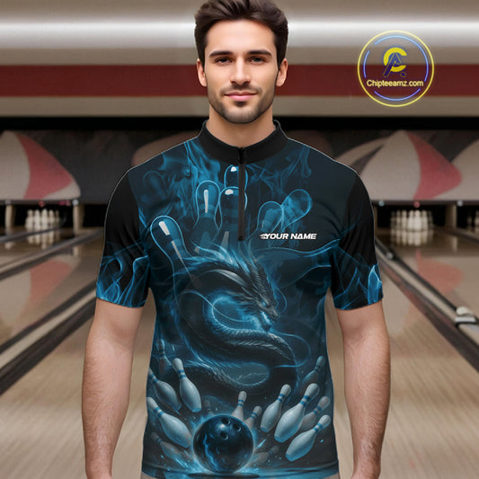Custom Blue Flame Dragon Bowling Men Quarter-Zip Shirts, Dragon Bowling League Shirt IPHW10224