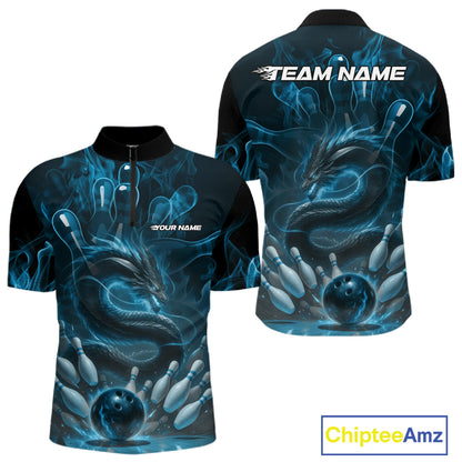 Custom Blue Flame Dragon Bowling Men Quarter-Zip Shirts, Dragon Bowling League Shirt IPHW10224