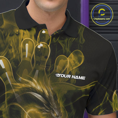 Custom Yellow Flame Dragon Bowling Men Polo Shirts, Dragon Bowling League Shirt IPHW10225