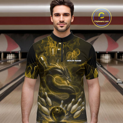 Custom Yellow Flame Dragon Bowling Men Quarter-Zip Shirts, Dragon Bowling League Shirt IPHW10225
