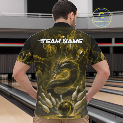 Custom Yellow Flame Dragon Bowling Men Quarter-Zip Shirts, Dragon Bowling League Shirt IPHW10225