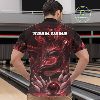 Custom Red Flame Dragon Bowling Men Quarter-Zip Shirts, Dragon Bowling League Shirt IPHW10226