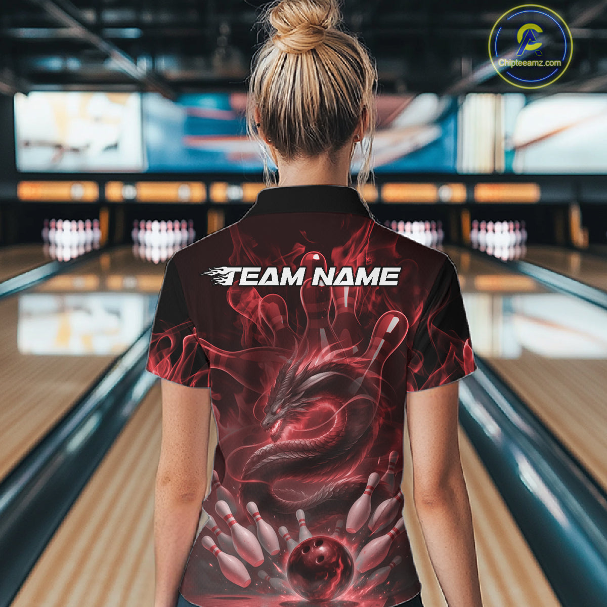 Custom Red Flame Dragon Bowling Women Quarter-Zip Shirts, Dragon Bowling League Shirt IPHW10226